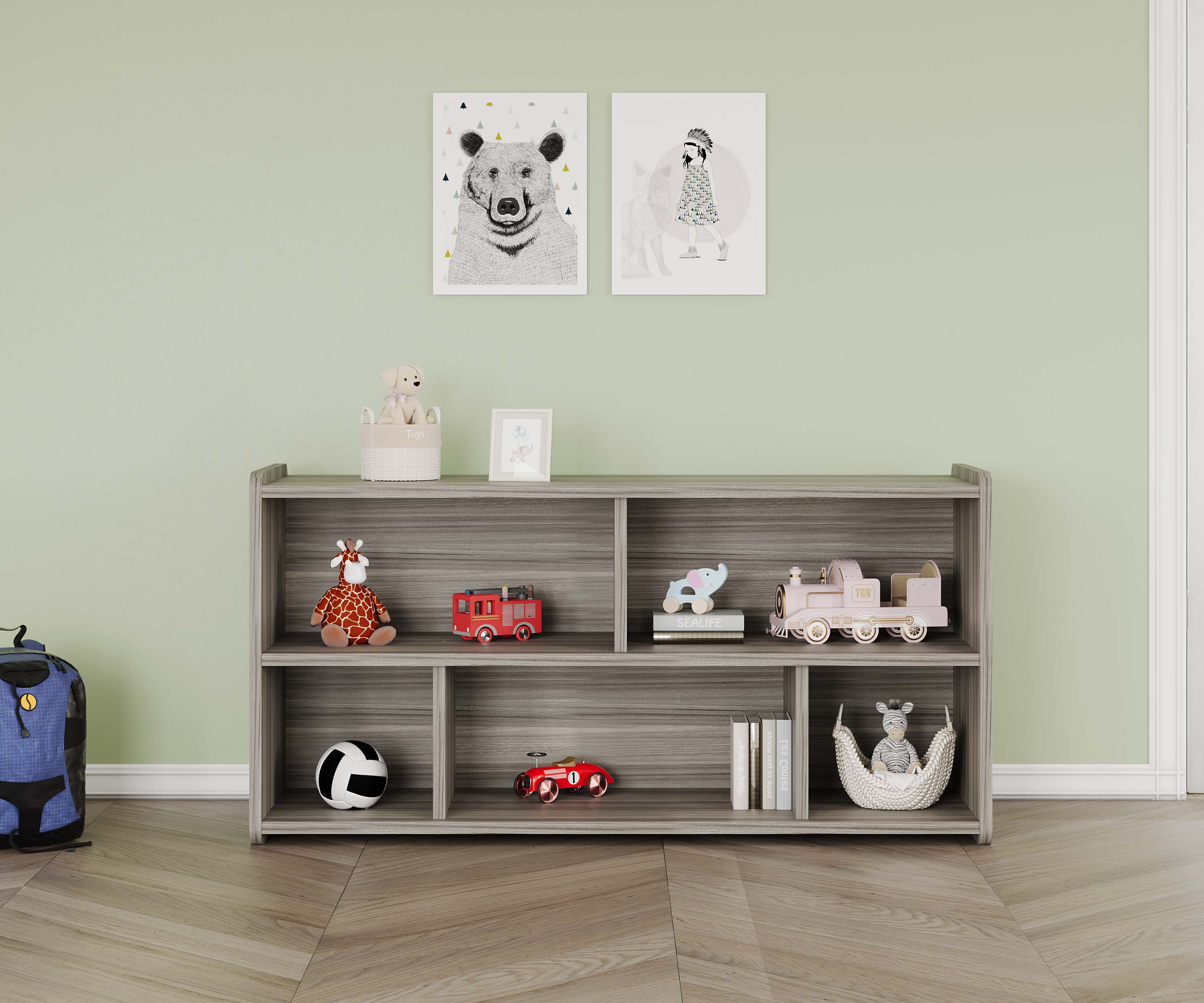 Daycare Cube Storage Shelf - 46" Wide - 5 Cube Organizer - Elm - Tot Mate  Daycare Cube Storage Shelf - 46" Wide - 5 Cube Organizer - Elm - Tot Mate