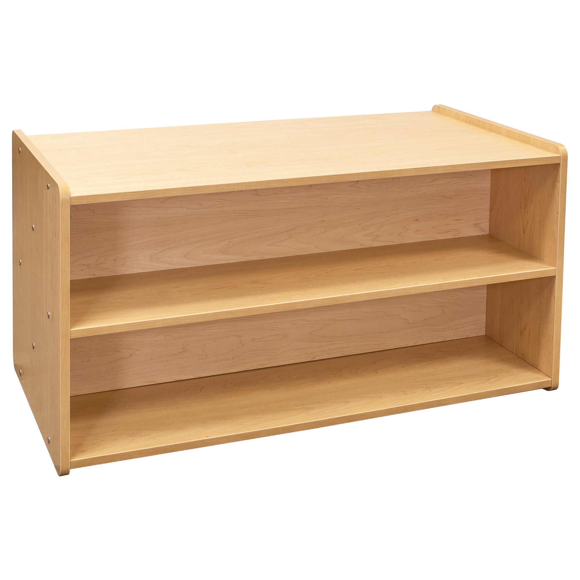 Toddler Shelf Storage - Double Sided Toddler Bookshelf 46" Wide - Maple - Top Angled View - Tot Mate Daycare Furniture Toddler Shelf Storage - Double Sided Toddler Bookshelf 46" Wide - Maple - Top Angled View - Tot Mate Daycare Furniture