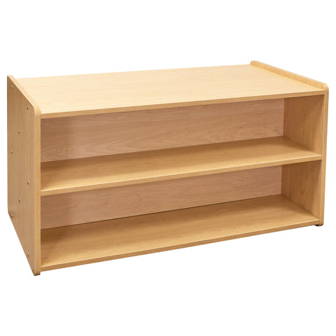 Toddler Shelf Storage - Double Sided Toddler Bookshelf 46" Wide - Maple - Top Angled View - Tot Mate Daycare Furniture Toddler Shelf Storage - Double Sided Toddler Bookshelf 46" Wide - Maple - Top Angled View - Tot Mate Daycare Furniture