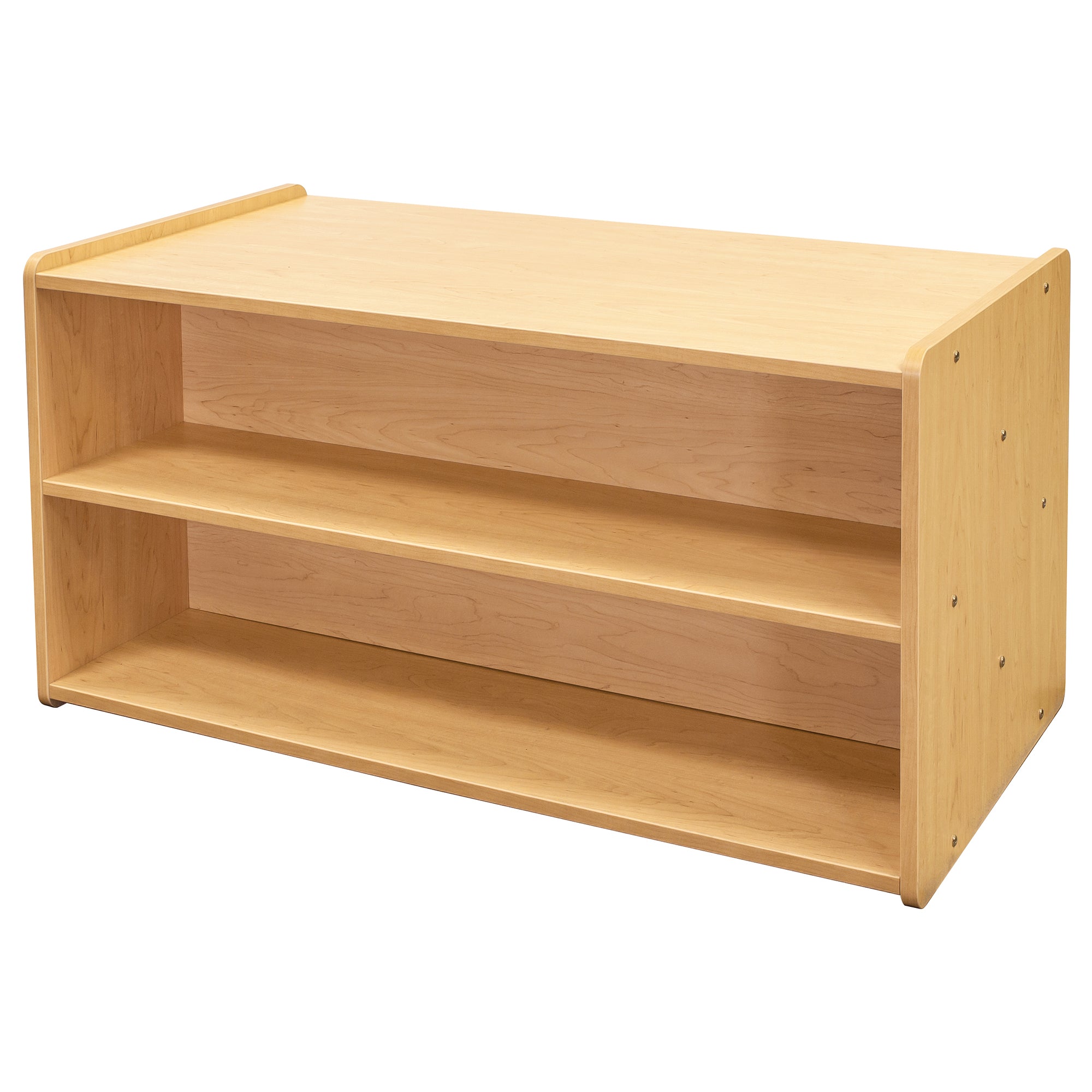 Toddler Shelf Storage - Double Sided Toddler Bookshelf 46" Wide - Maple - Angled View - Tot Mate Daycare Furniture Toddler Shelf Storage - Double Sided Toddler Bookshelf 46" Wide - Maple - Angled View - Tot Mate Daycare Furniture