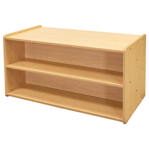 Toddler Shelf Storage - Double Sided Toddler Bookshelf 46" Wide - Maple - Angled View - Tot Mate Daycare Furniture Toddler Shelf Storage - Double Sided Toddler Bookshelf 46" Wide - Maple - Angled View - Tot Mate Daycare Furniture
