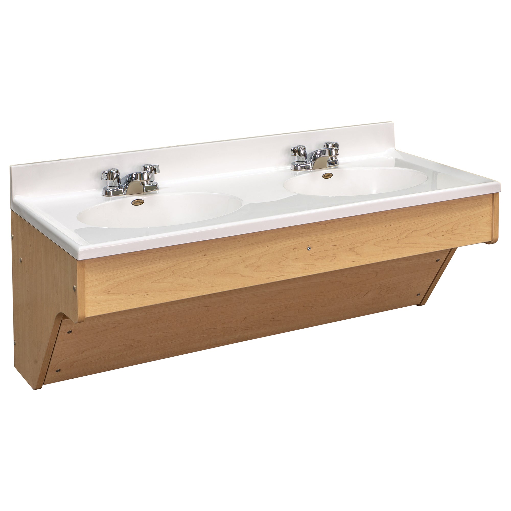Floating Double Vanity For Children wtih a White Marble Countertop and Maple Wood Base. Floating Double Vanity For Children wtih a White Marble Countertop and Maple Wood Base.
