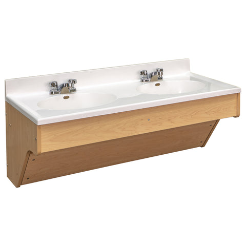 Floating Double Vanity For Children wtih a White Marble Countertop and Maple Wood Base. Floating Double Vanity For Children wtih a White Marble Countertop and Maple Wood Base.