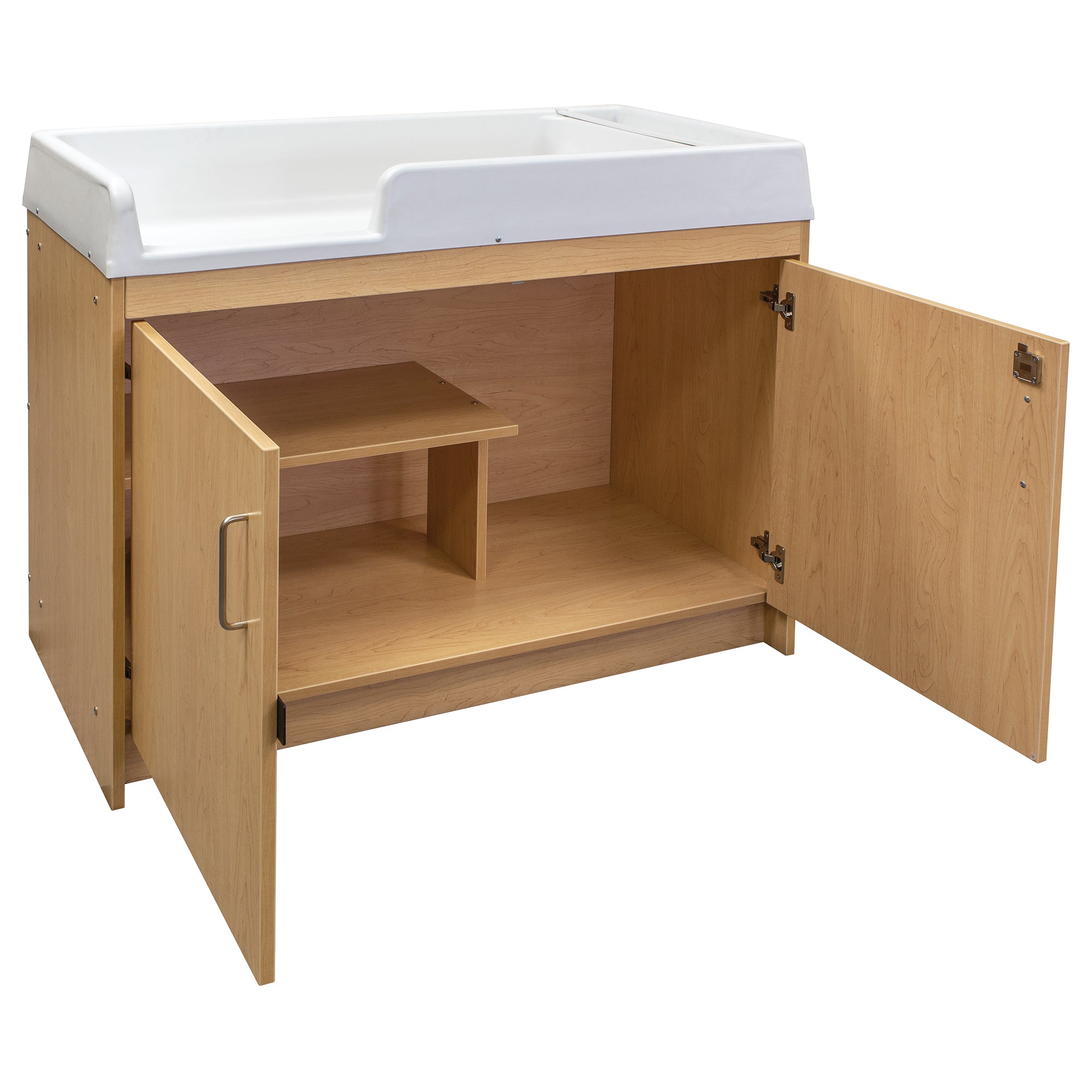 Baby Changing Table with Storage - Cabinet Doors Open - Maple - Tot Mate Baby Changing Table with Storage - Cabinet Doors Open - Maple - Tot Mate