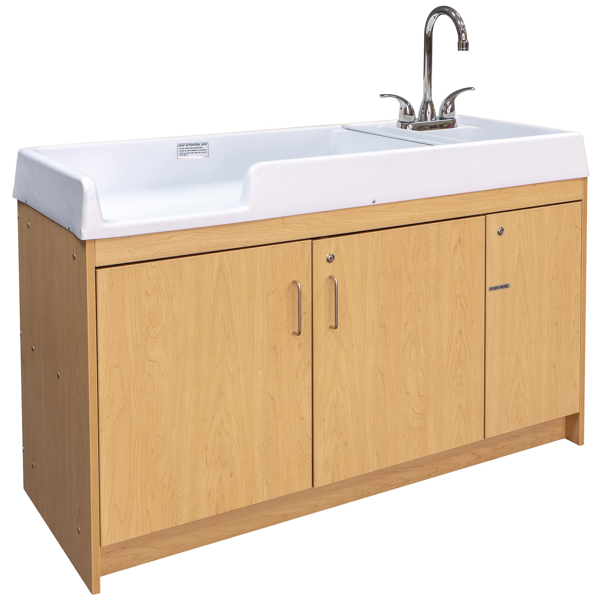 Infant Changing Table With Sink and Three Lockable Maple Wooden Doors. Infant Changing Table With Sink and Three Lockable Maple Wooden Doors.