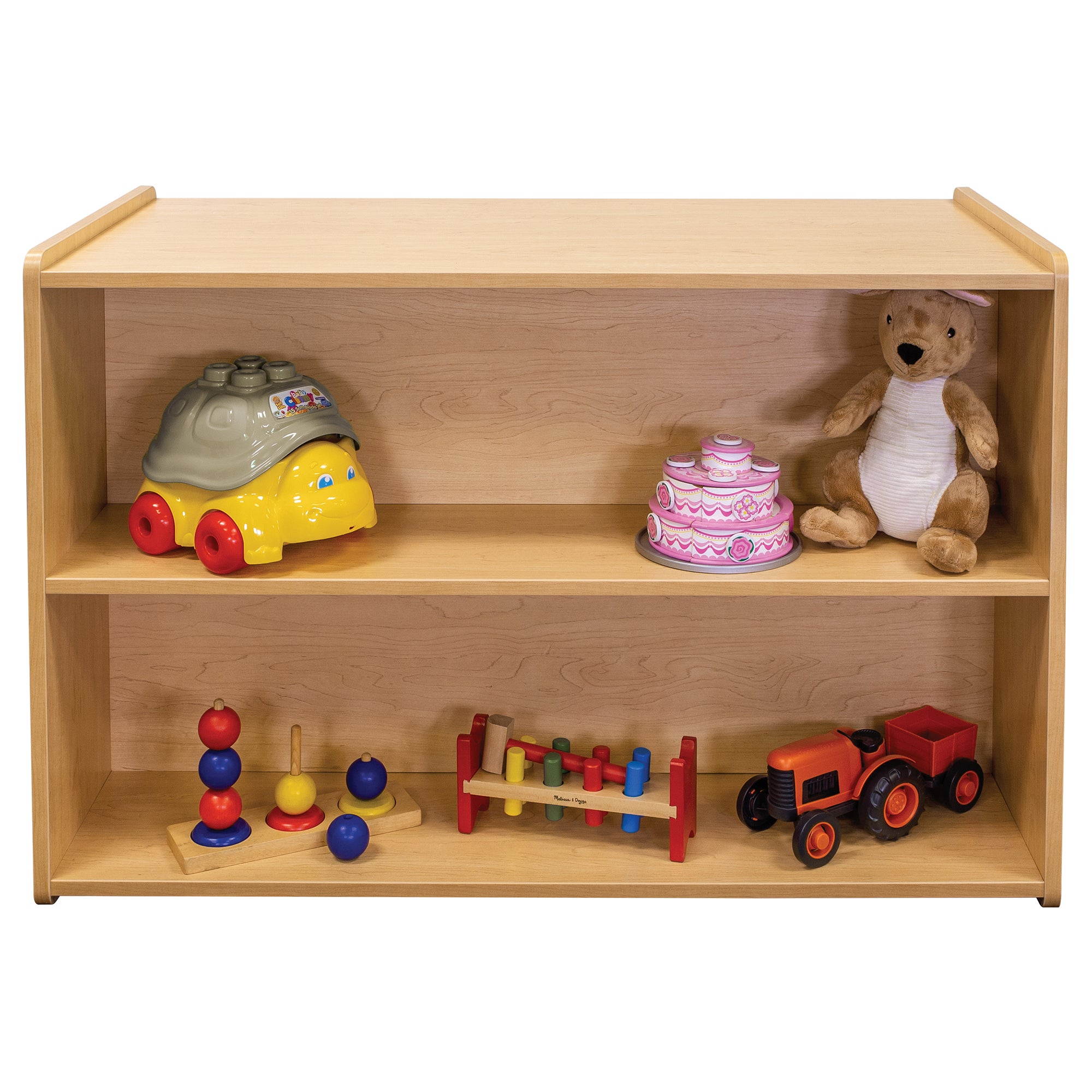 Preschool double sided shelf storage for toys.