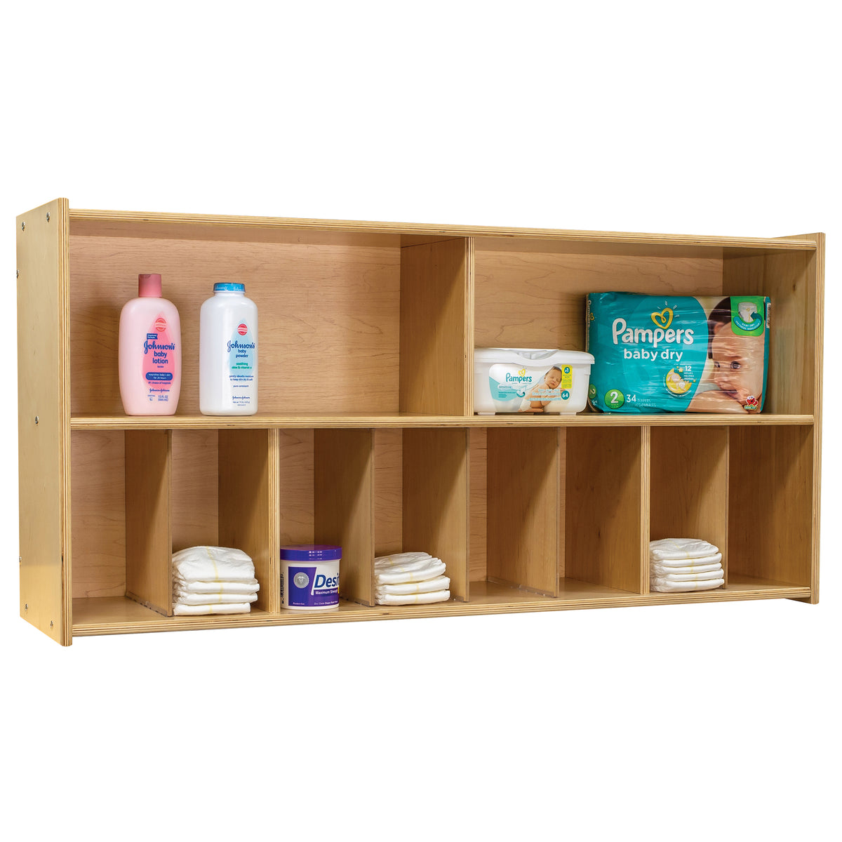 Plywood Diaper Wall Storage With Two Upper Compartments and Three Removable Dividers forming Eight Lower Cubbies.