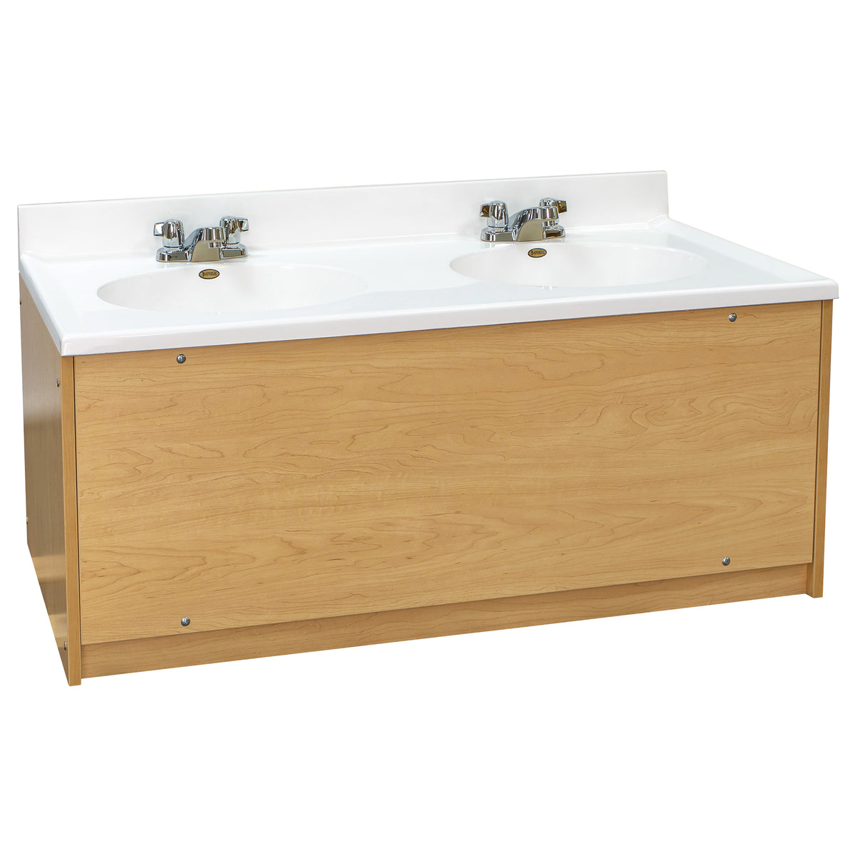 Double Floor Vanity For Children With White Marble Countertop and Maple Wood Base.