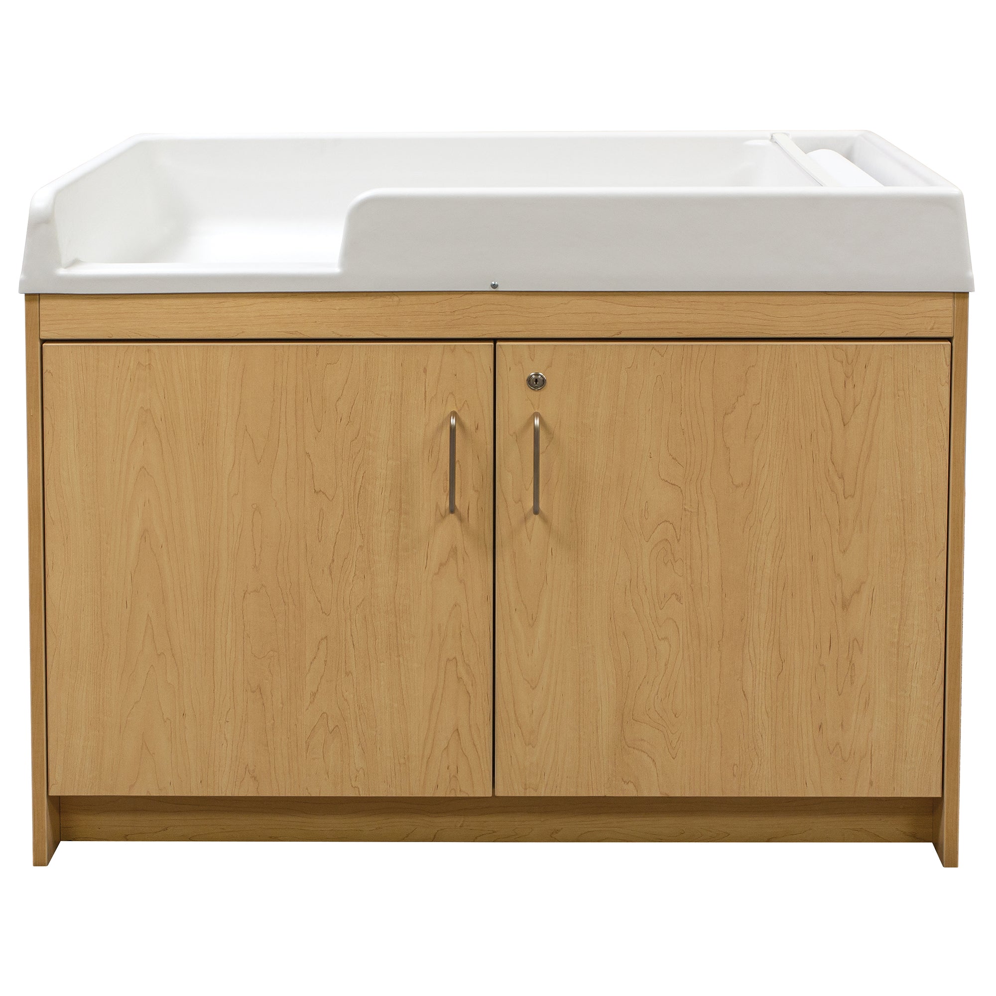 Infant changing table with double doors and lock.