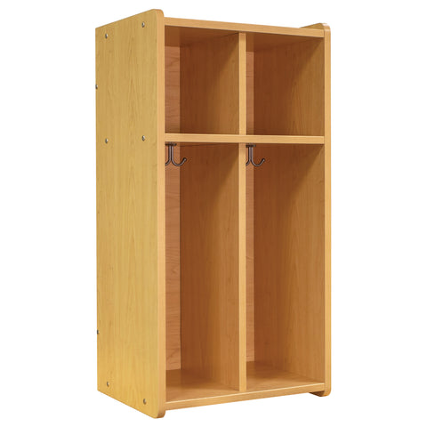 Two Section Wall Locker Storage With Cubbie Hooks For Young Children.