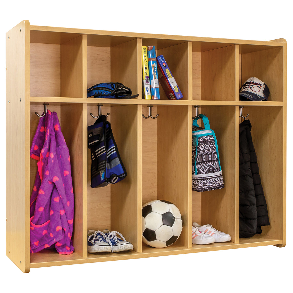 Five Section Young Student Wall Locker Cubbies With Sturdy Metal Hooks.