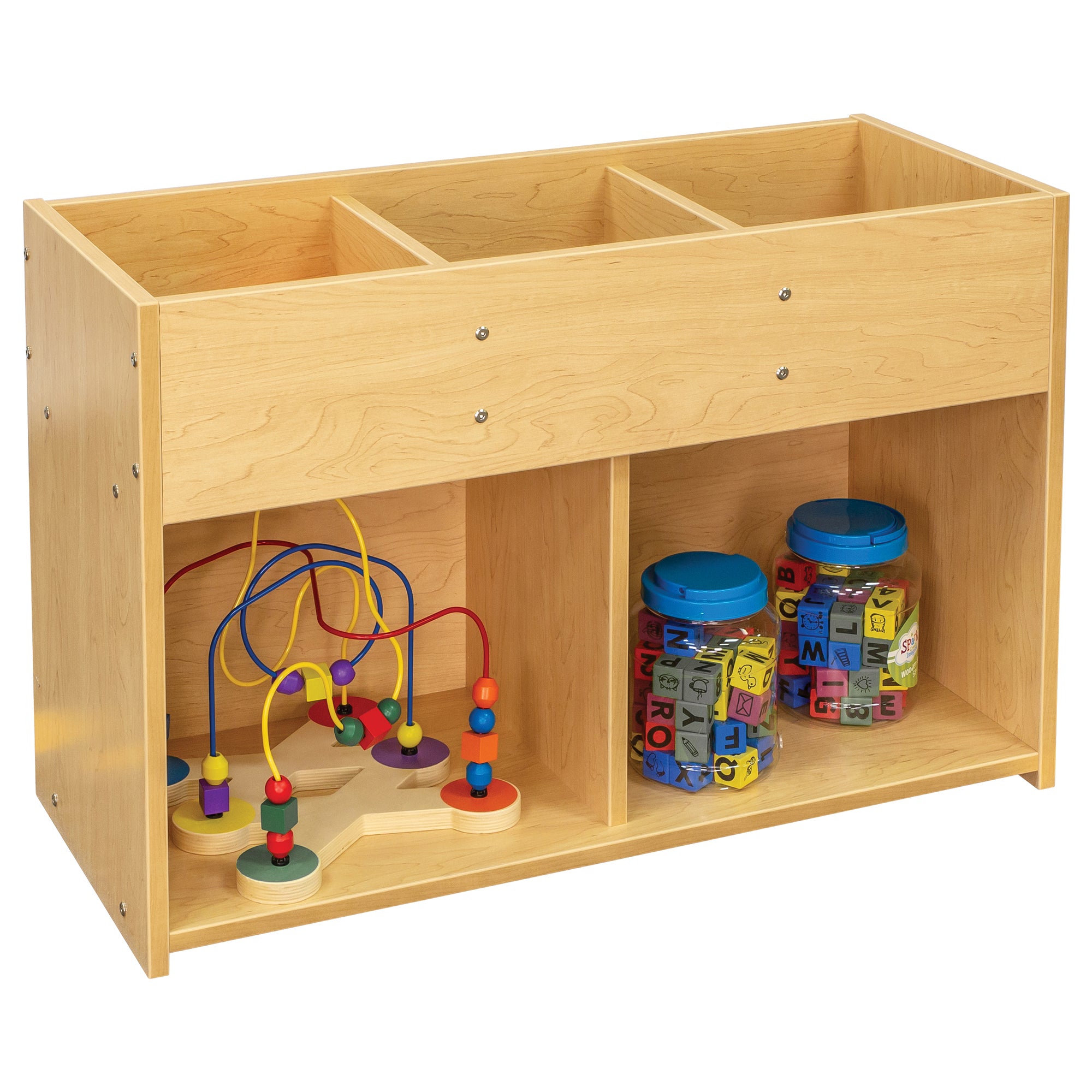 Three Top compartment Book or Toy Storage with Two organizational cubbies.